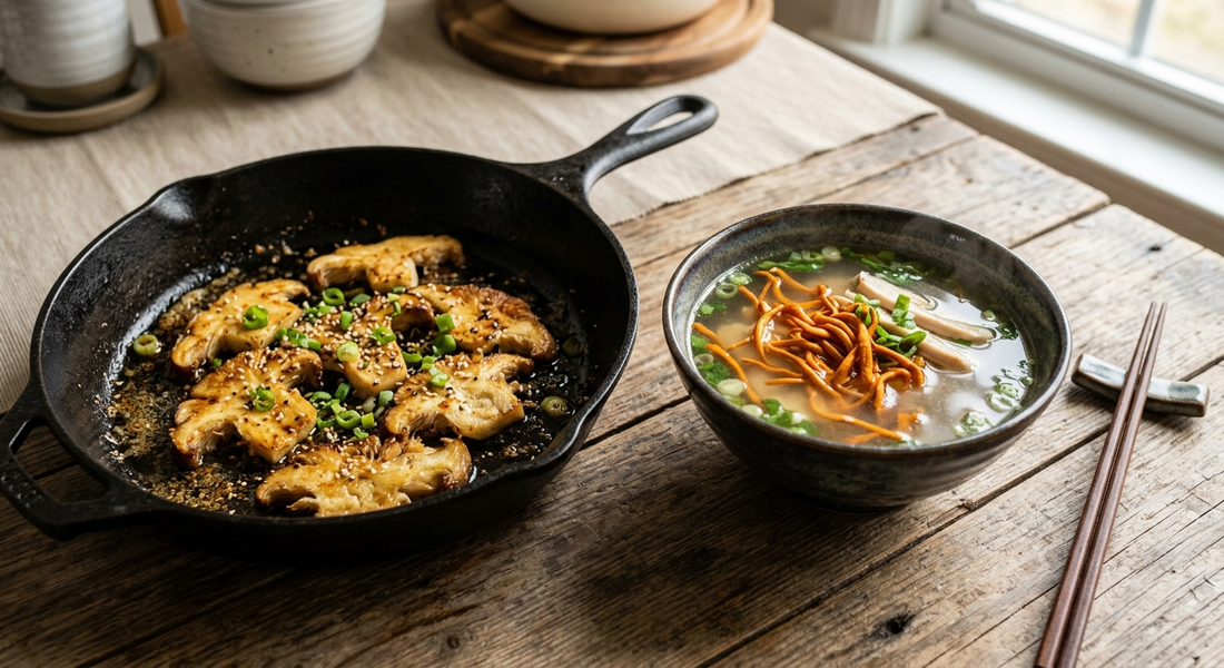 Pan-seared lion's mane mushroom and a soup with dried cordyceps militaris