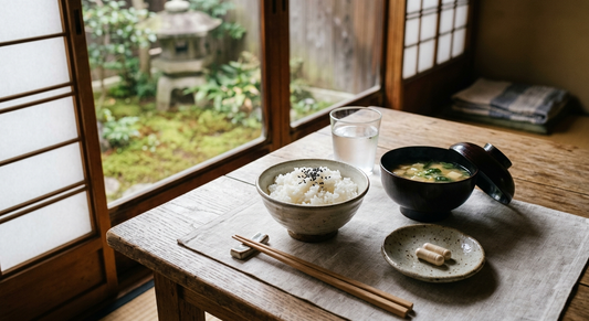 Breakfast table with a glass of water and two capsules in a small dish