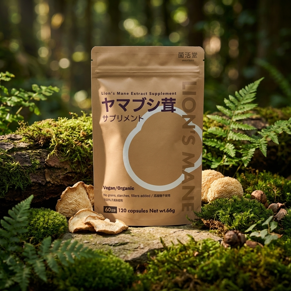 自然の中に置かれた菌活堂ヤマブシタケのパウチ